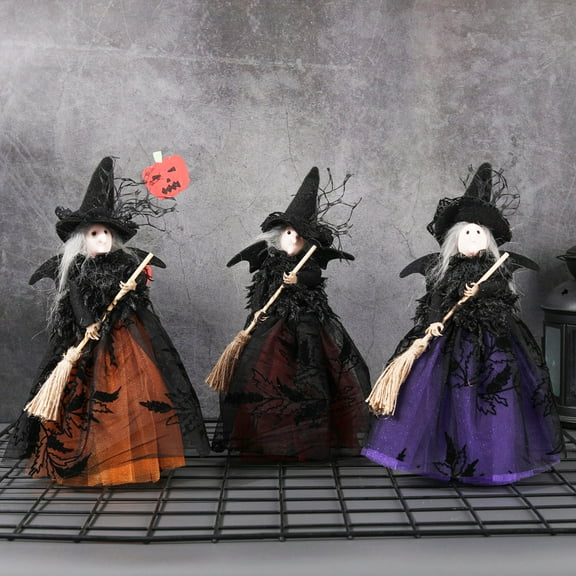 Dserhfy Halloween Witch Doll with Broom Small Witch Figurine with Gauze Skirt Spooky Table Centerpiece for Home Bedroom Desktop Decor