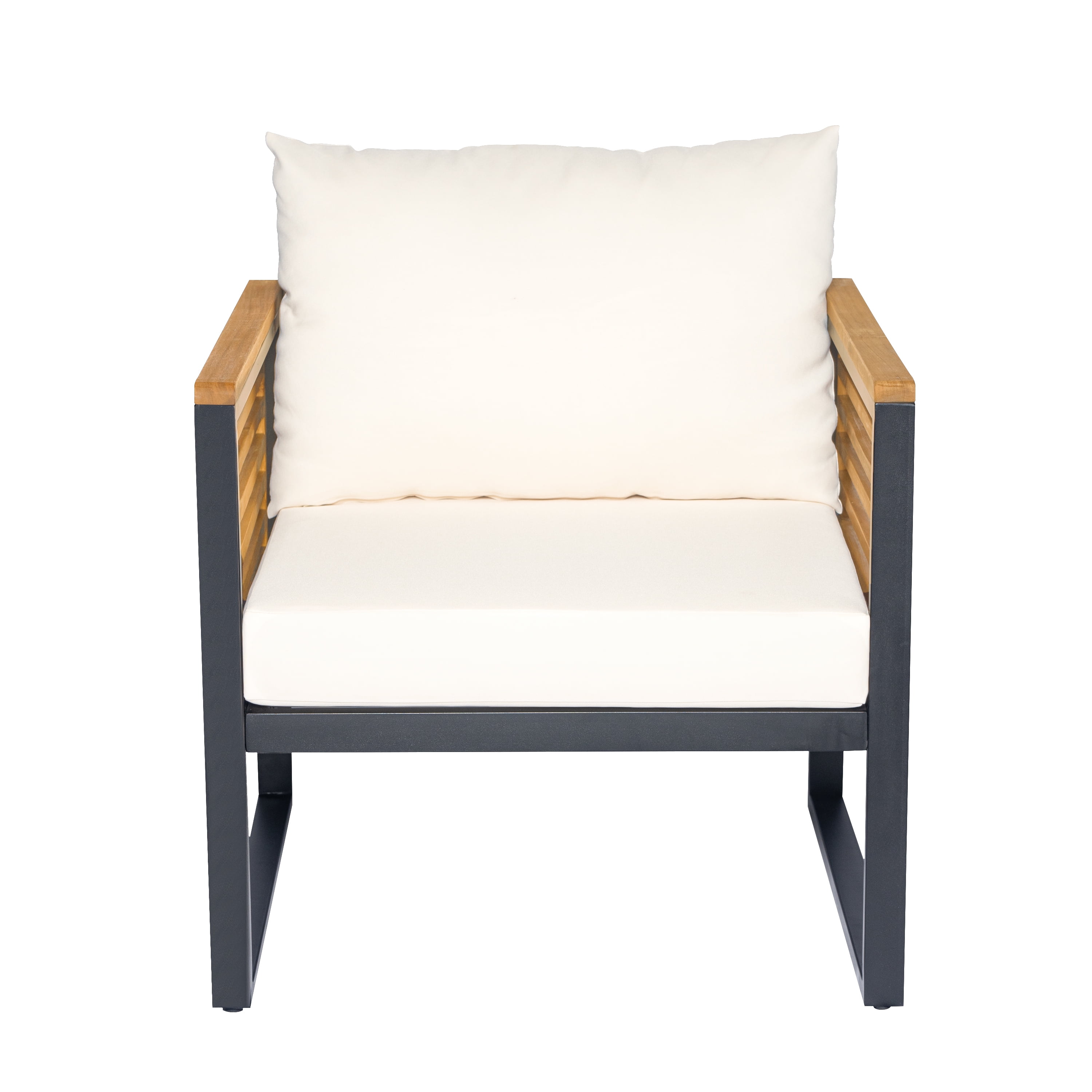 Cushioned Patio Chairs Set of 2, Outdoor Acacia Wood and Metal Seating Chairs for Garden, Black and Beige