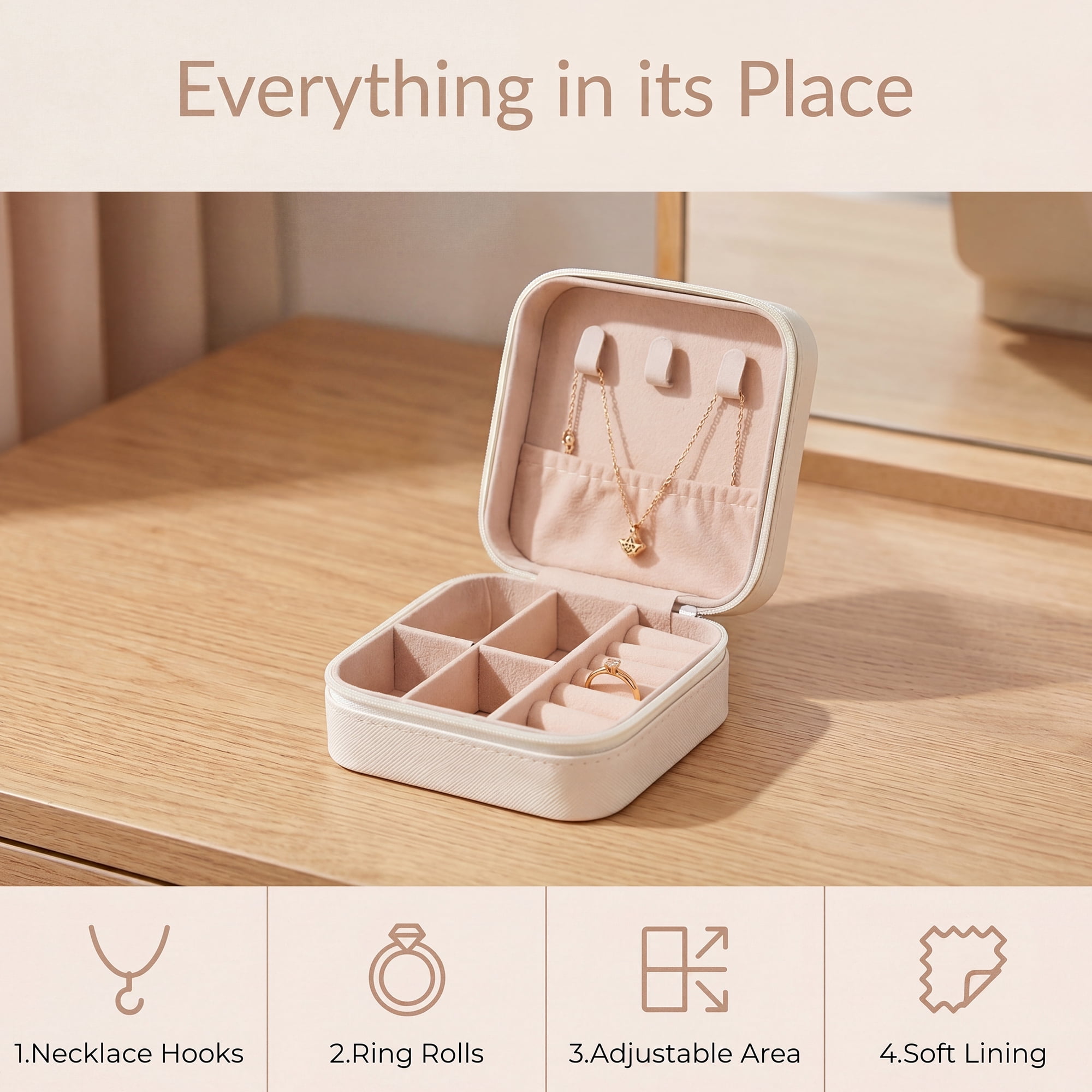 Travel Jewelry Box Mini Portable PU Leather Organizer for Women and Girls Gifts Beige