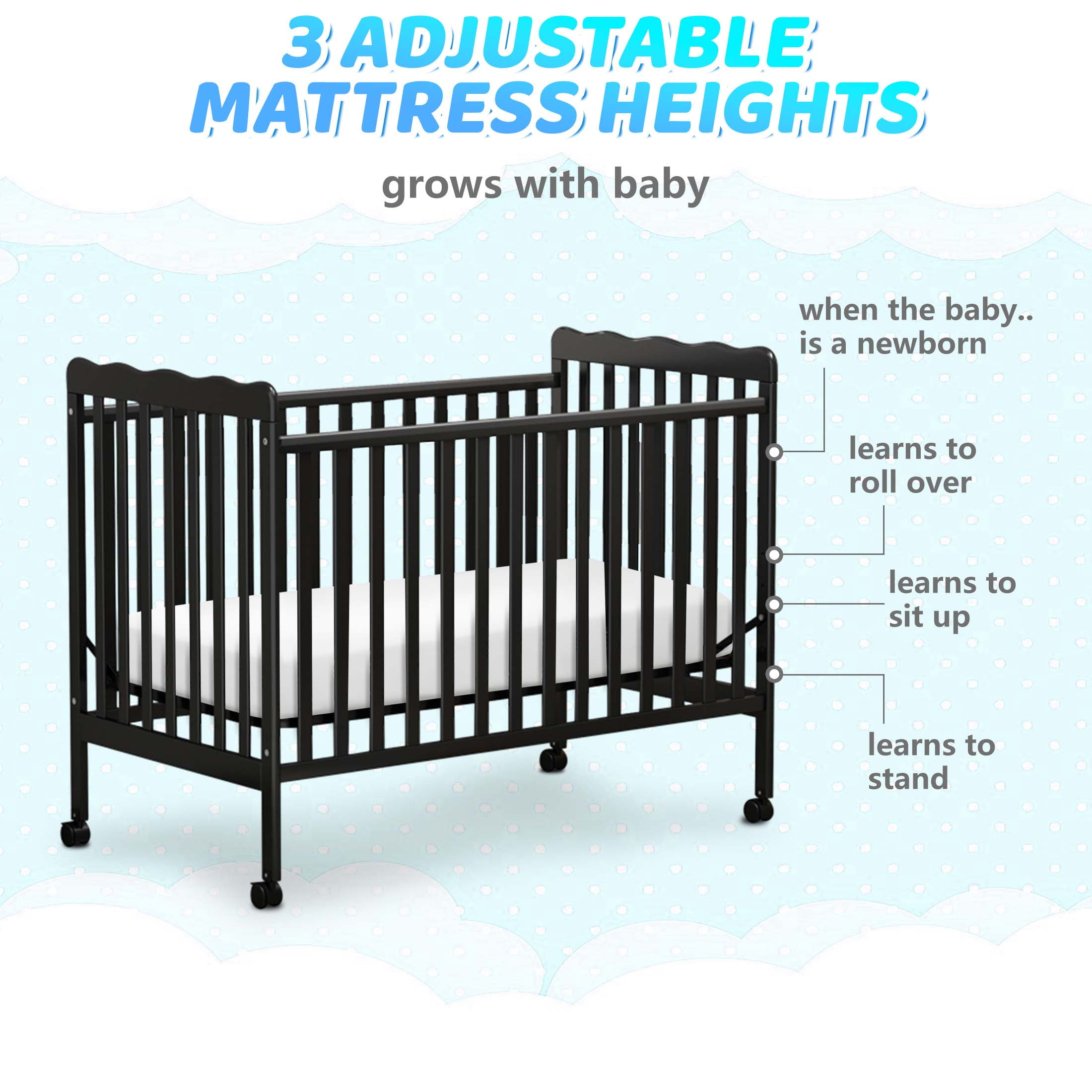 Sesslife 3-In-1 Convertible Crib, Black Baby Bed with Locking Wheels, Converts from Baby Crib to Toddler Bed, Fits Standard Full-Size Crib Mattress(Not Included)