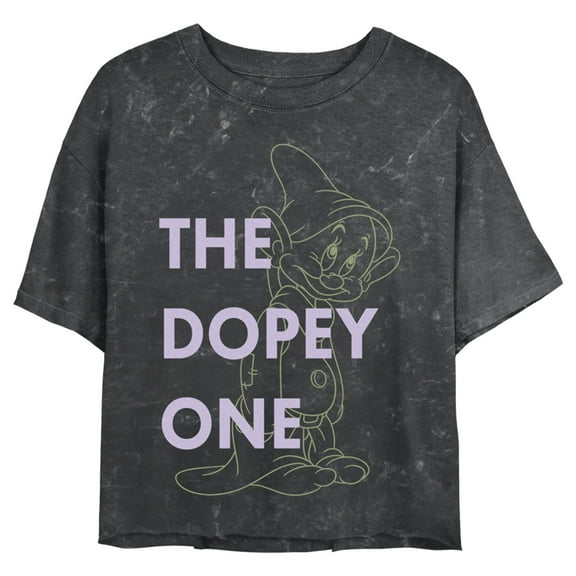 Junior's Snow White and the Seven Dwarfs Dopey One Crop Graphic Tee Black Mineral Wash X Large