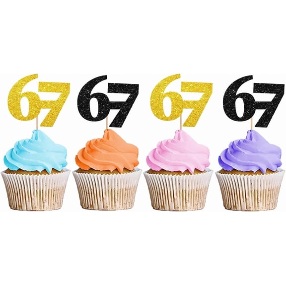 6-7th Birthday Cupcake Toppers Gold Black Glitter, 12 Pack Number 67 Cupcake Picks, Happy 6-7 Birthday Cake Decorations for Men Women 6-7 Years Old Birthday Party Dessert Decor
