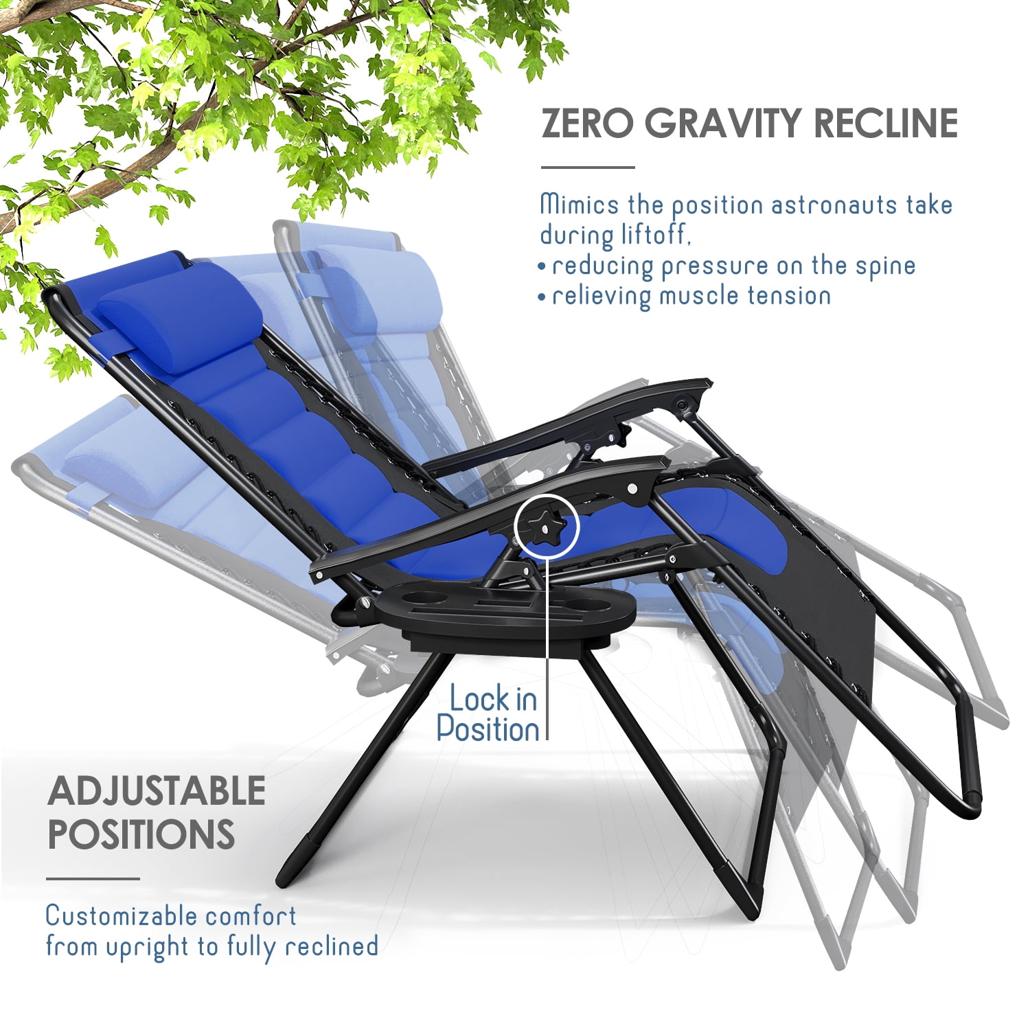 LammaLoe Padded Zero Gravity Chair Oversize, Lounge Chair Outdoor, with Adjustable Headrest and Side Tray, 330 lbs Capacity – Black/Blue