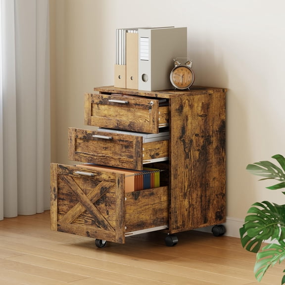 3 Drawer Mobile Wooden File Cabinet with Lock - Under Desk Rolling Filing Cabinet for Letter/Legal/A4 Files, Home Office Storage Organizer with Wheels,Retro