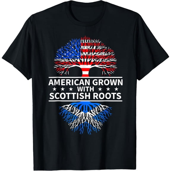 American Grown Scottish Roots Scotland T-ShirtMen's and women's gift, black and white T-shirt, size: Extra large S-4XL