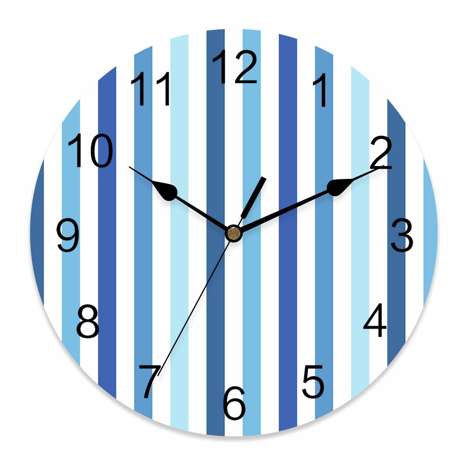 Wall Clock Blue White Stripes Clocks PVC Silent Non Ticking Battery Operated Decorative Lines