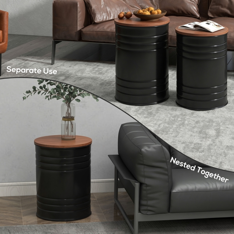 HOQBN Round Storage Ottoman Set of 2, Nesting Ottomans with Wooden Lid, Metal Frame and Hidden Storage Space for Bedroom