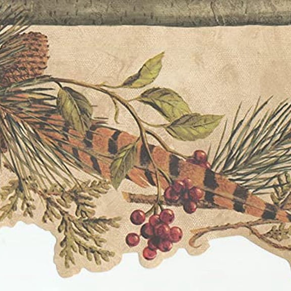 Concord Wallcoverings Wallpaper Border Nature Pattern Cones Leaves Berries Feathers for Living Room Cottage, Green Beige Red Brown, 6.25 Inches by 15 Feet TC48142B