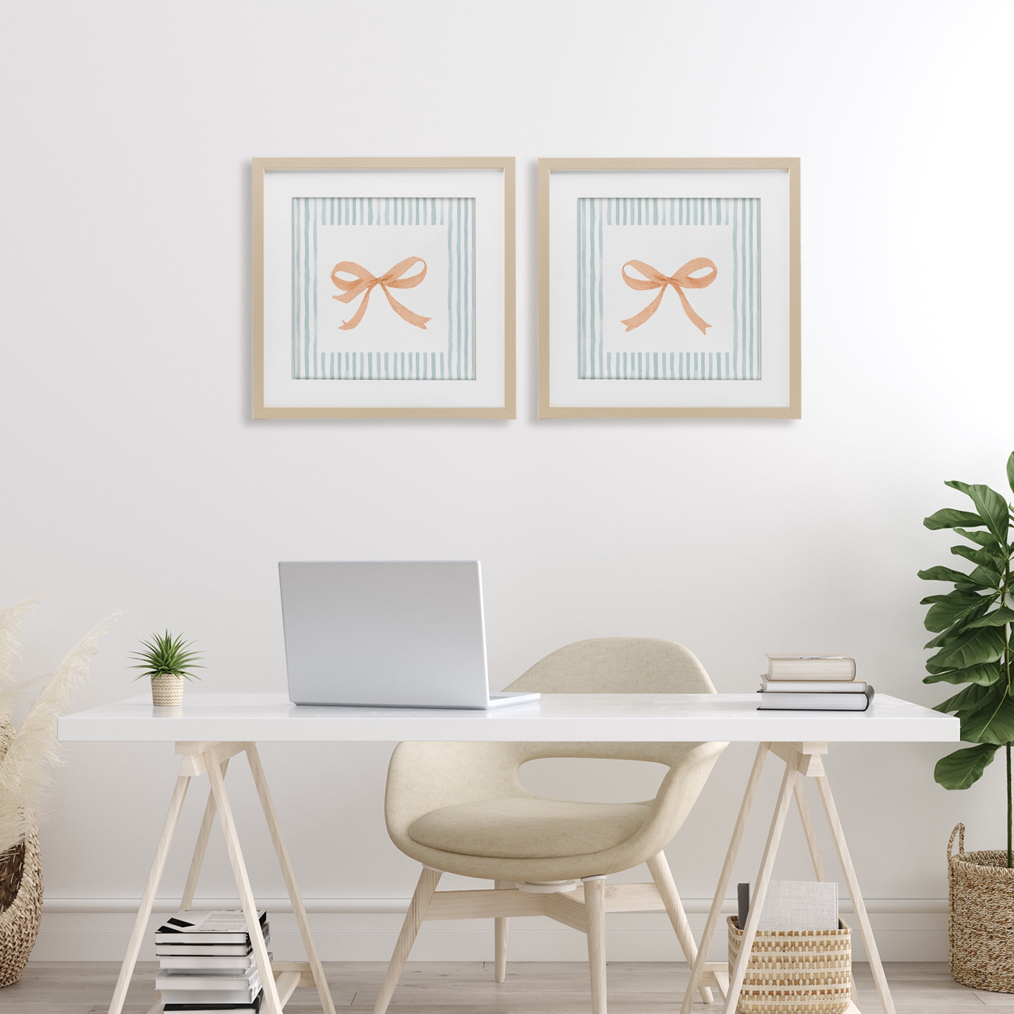Stupell Industries Orange Bows and Blue Stripes 2 Piece Birch Framed Print Under Glass Set, design by Patricia Pinto