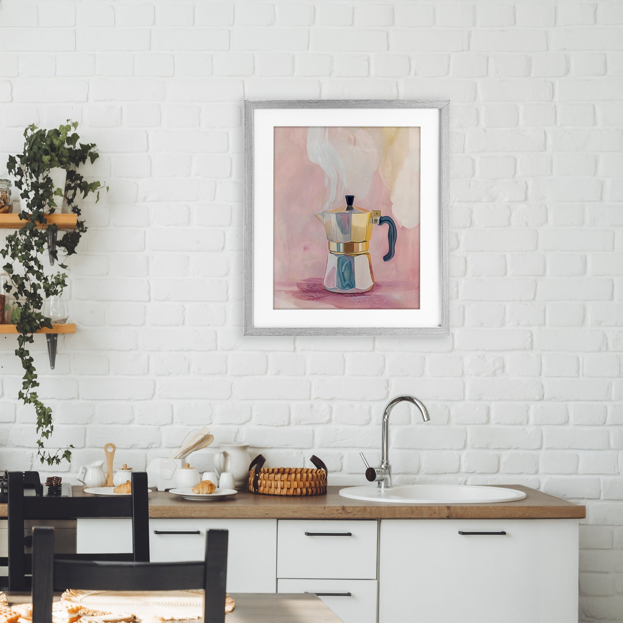 Stupell Industries Vintage Coffee Maker on Pink Gray Framed Print Under Glass, design by The Prints Vibe