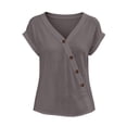 thumbnail image 4 of hoksml Women's Casual Short Sleeve Button Blouse, V-Neck Cotton Loose Fit Top Solid Color Summer Shirt, 4 of 5