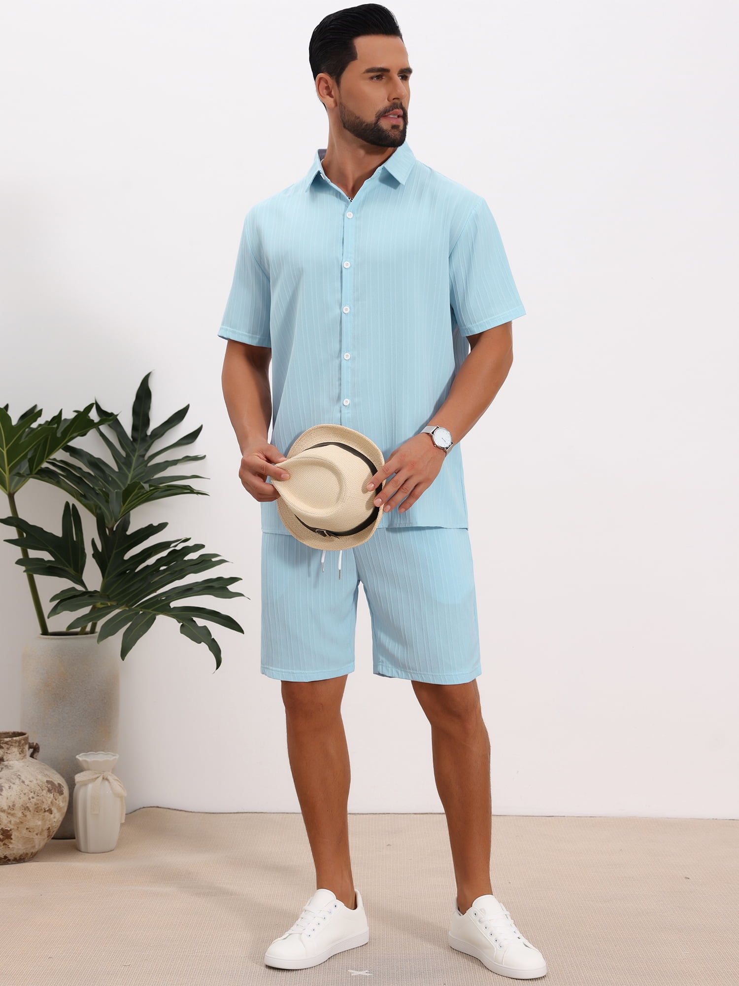 DARING DIVA Men's 2 Pieces Beach Shirt & Shorts Striped Textured Outfits L Light Blue