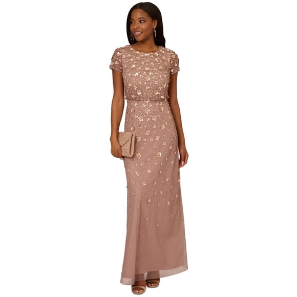 Adrianna Papell Womens Floral Beaded Embellished Gown Blouson Dress, stone, 6