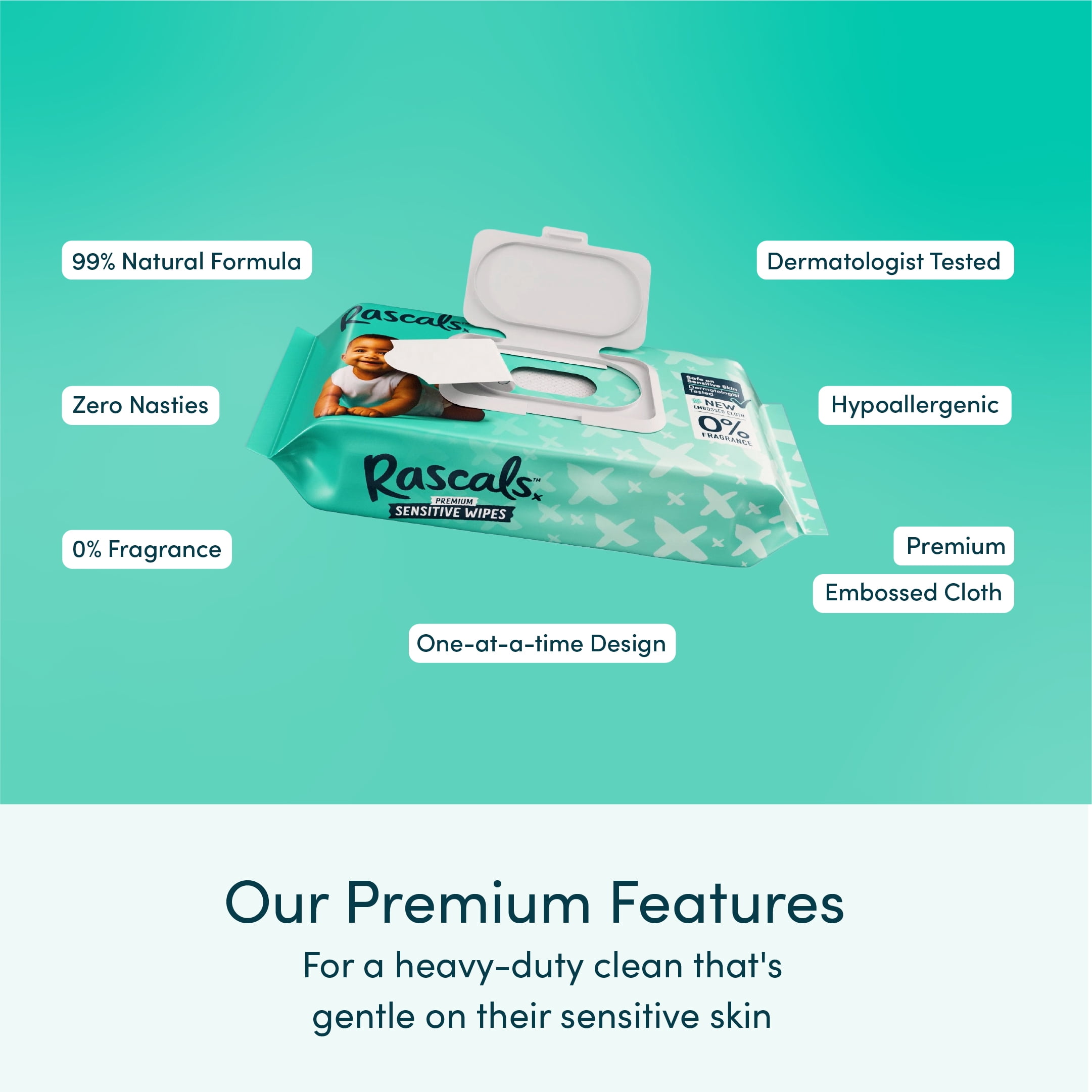 Rascals Premium Sensitive Alcohol Free Baby Wipes, 72 Count