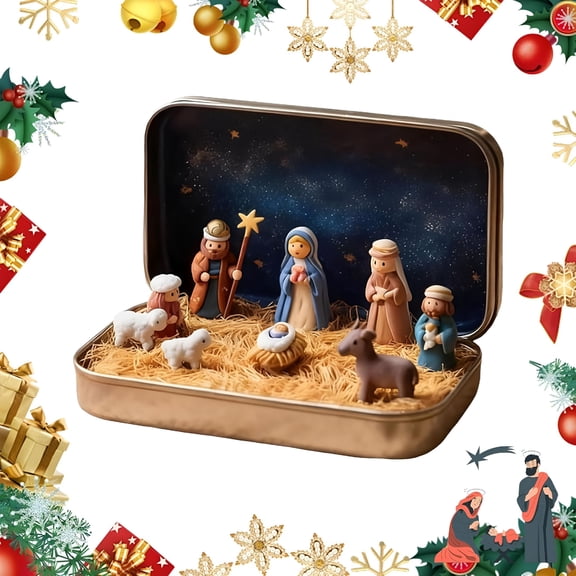 XIBUFE Mini Nativity Set in Tin Box – Handcrafted Pocket-Size Christmas Nativity Scene,Resin Figures Tin,Portable Christmas Decor for Home,Travel,Keepsake (1Pcs)