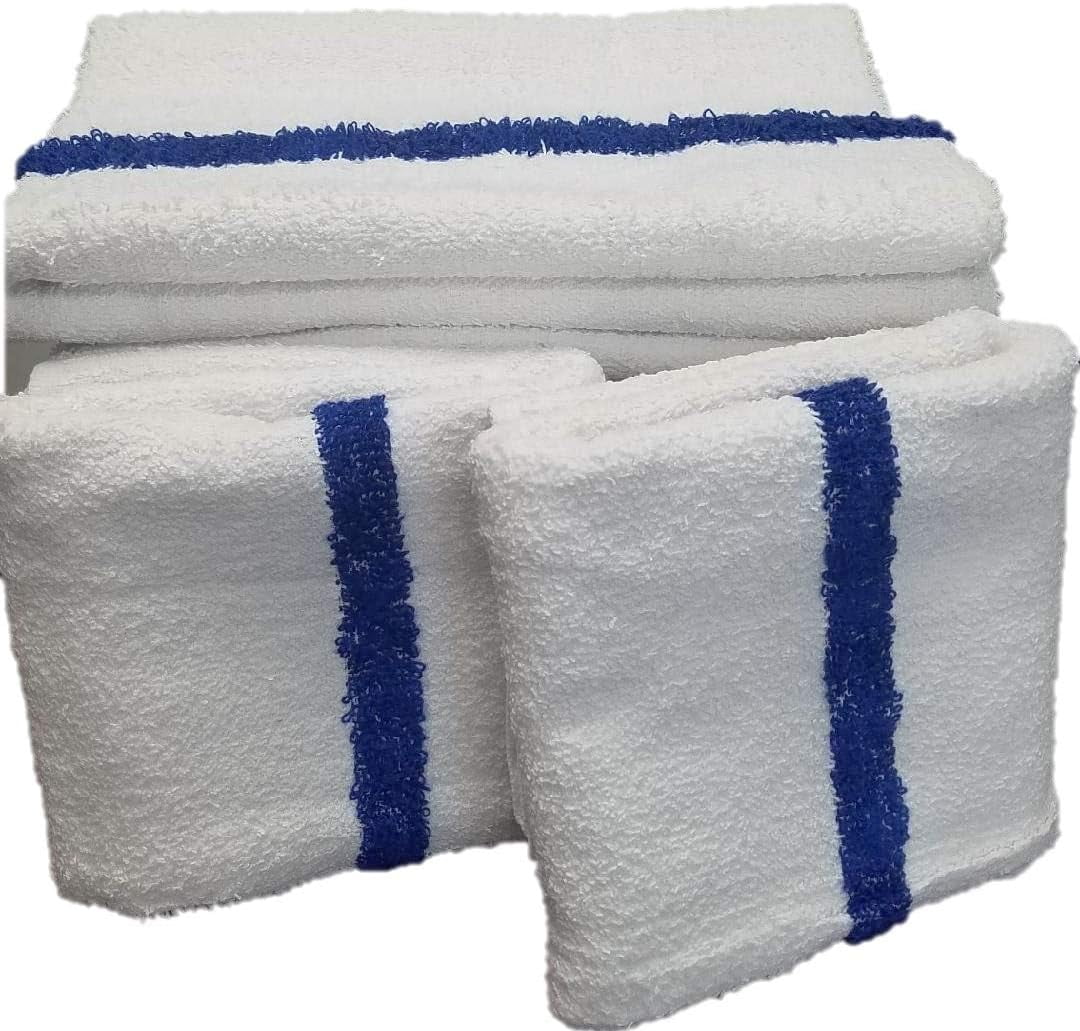 Towels N More 12 Pack 24x48 Soft Poolside Towels, Large Super Absorbent Pool Towel White with Blue Center Stripe for Home Pool Spa Gym Hotel Motel Rental Room Use 100% Cotton Bath Towels
