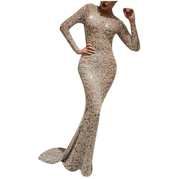 Women Wedding Dress Lace Sequin Embroidered Long Sleeve Bridal Maxi Dress Evening Gown Bodycon Bridesmaid Slim Sexy Dresses