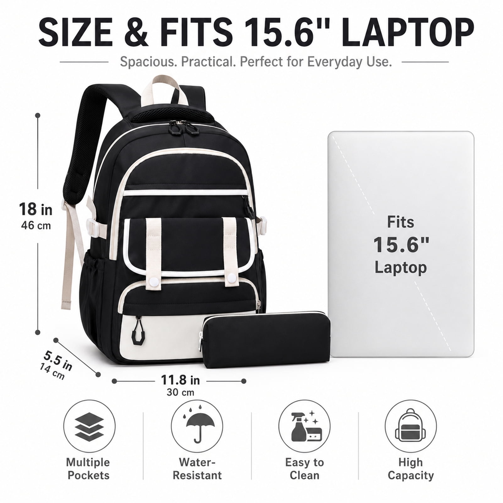 Women's Backpack - 18" Black and White Large Capacity Casual Backpack, Nylon Material, Multiple Compartments, Adjustable Shoulder Straps, Basic Backpack with Coin Pocket