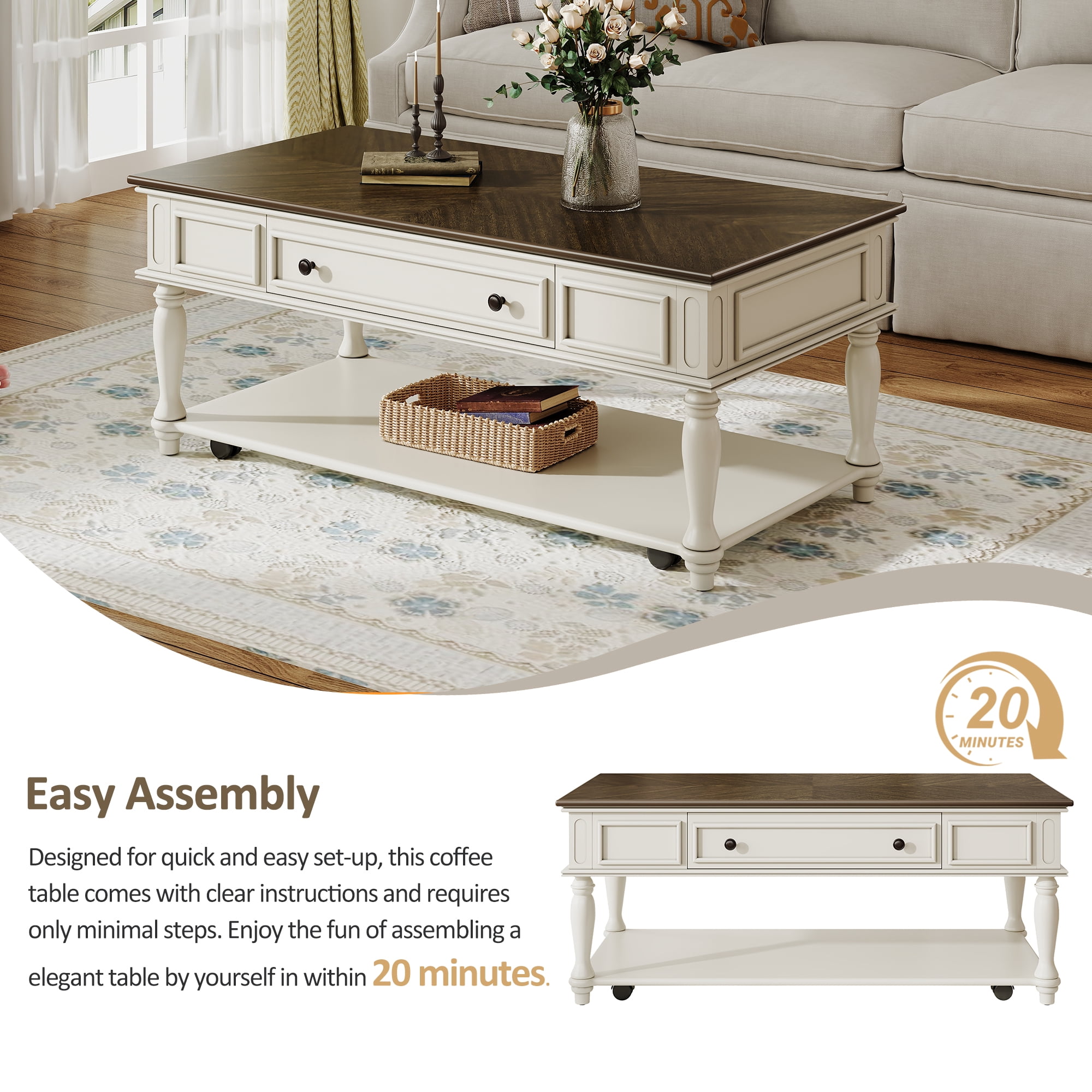 Euroco Farmhouse Coffee Table with One Drawer, Easy Assembly, Retro Movable Rectangular Cocktail Table with Lockable Wheels, Country Style Center Table with Solid Wood Legs