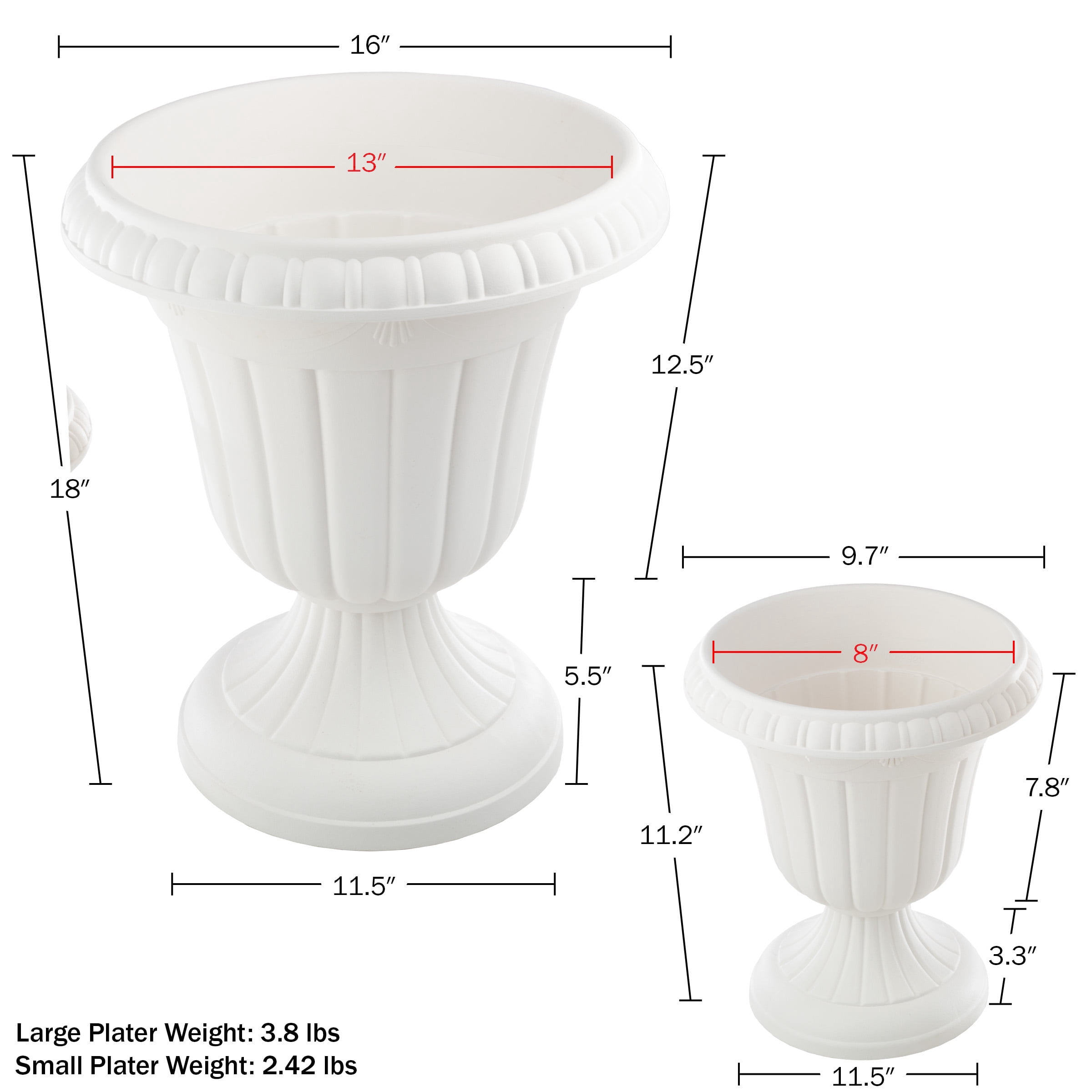 Pure Garden Large and Small Outdoor Urn Planter 2-Pack, White