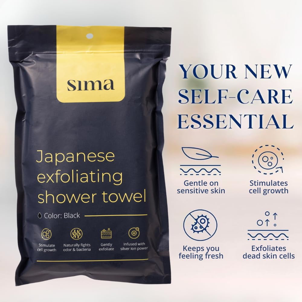 Exfoliating Washcloth Face & Body Scrub Towel - Japanese Exfoliating Towel with Hexagon Fibers, Body Scrubber with 2 Sides for Scrubbing & Washing, Extra Long Body Towel (Black)