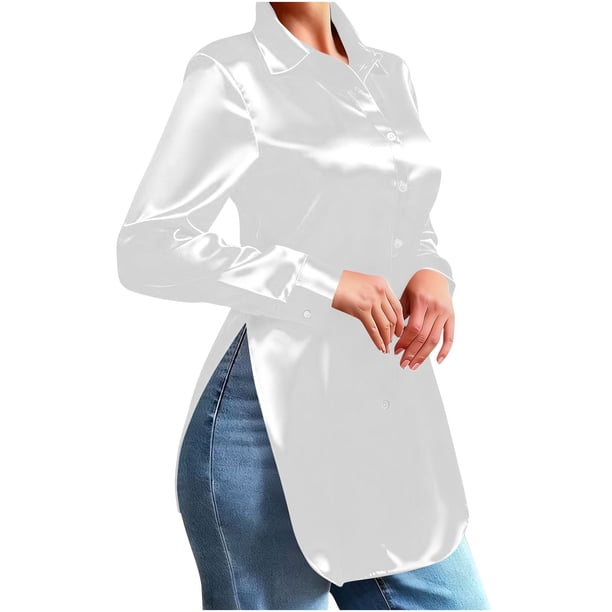 Usted Es Más Que una Prueba de Puntuación de la Camisa de las Mujeres Casual Suelto Sólido Cuello de Giro Asimétrico Doblado Manga Larga Satén Botón Superior