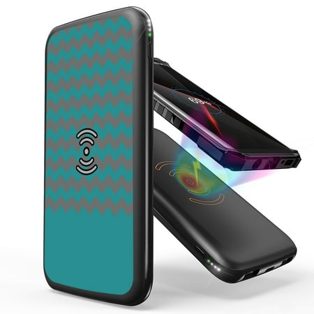 

INFUZE Qi Wireless Portable Charger for Google Pixel 5a External Battery (10000 mAh 18W Power Delivery USB-C/USB-A Ports) with Touchless Tool - Teal Chevron Zig Zag Lines