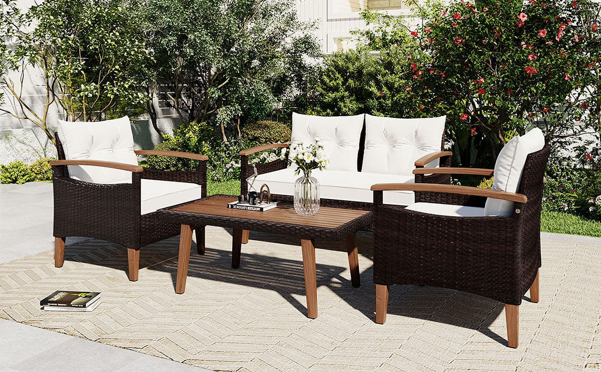 Harper & Bright Designs Patio Conversation Set, 4-Piece Outdoor Garden Furniture Set, Patio Seating Set, PE Rattan Outdoor Sofa Set, Wood Table and Legs, Brown+Beige+Wood