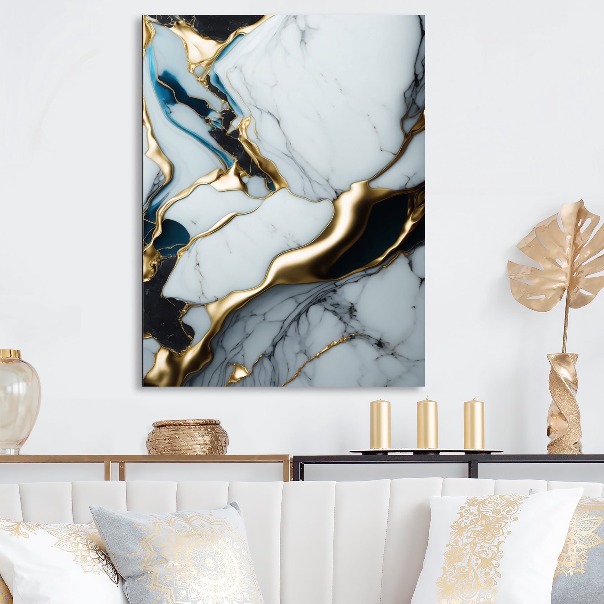 Designart Abstract Geode Gold And White Marble II Canvas Wall Art