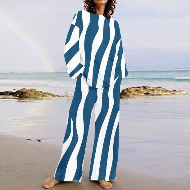 Puntoco Conjunto De top Y Pantalones De Cuello Redondo De Manga Larga Estampado Casual De Verano Para Mujer Azul Marino Xxl
