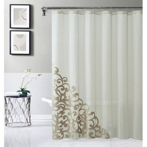 Dainty Home Natalie Linen Shower Curtain Linen Look With Velvet Scroll Designed Appliqué 70" x 72"