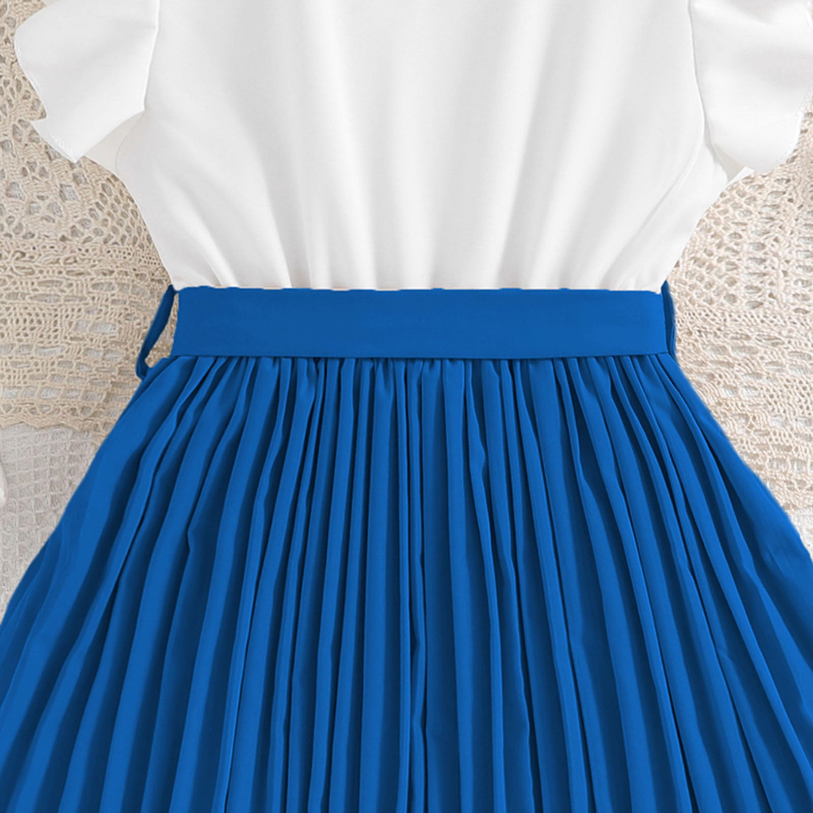 Toddler Dress Flutter Sleeve Color Block Princess Dress Korean Style  Pleated Skirt Spring Dresses Girls Blue 9 Years-10 Years