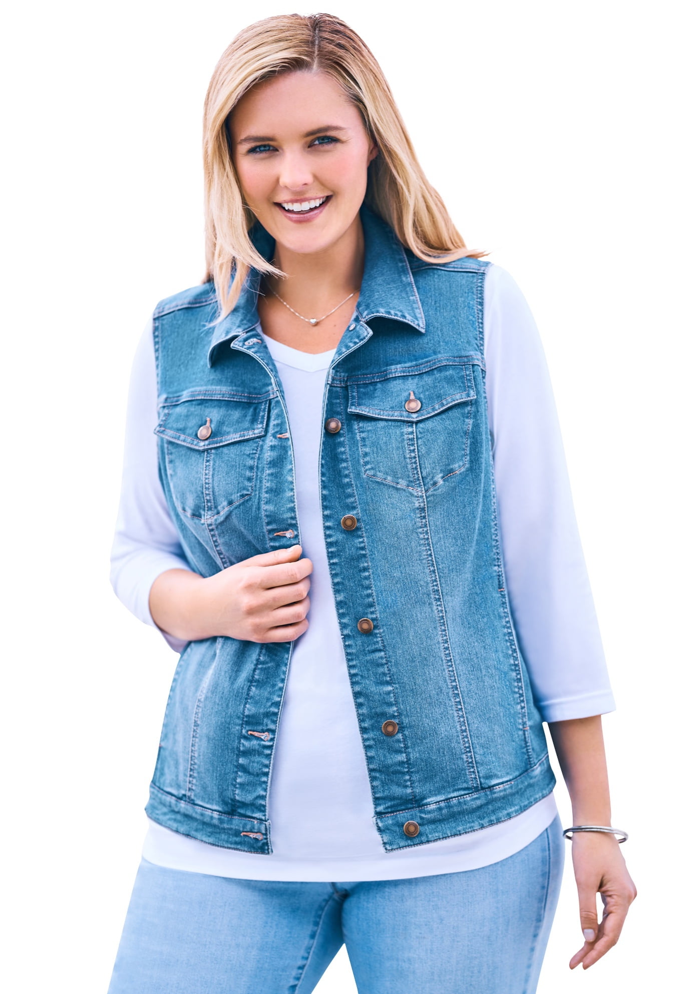 Woman Within Woman Within Womens Plus Size Stretch Denim Vest 22 W Light Stonewash Blue