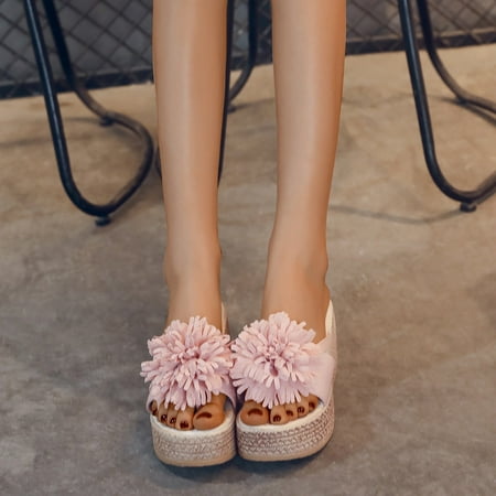 

fashion ladies sandals and slippers spring and summer flowers fabric platform thick bottom slope heels