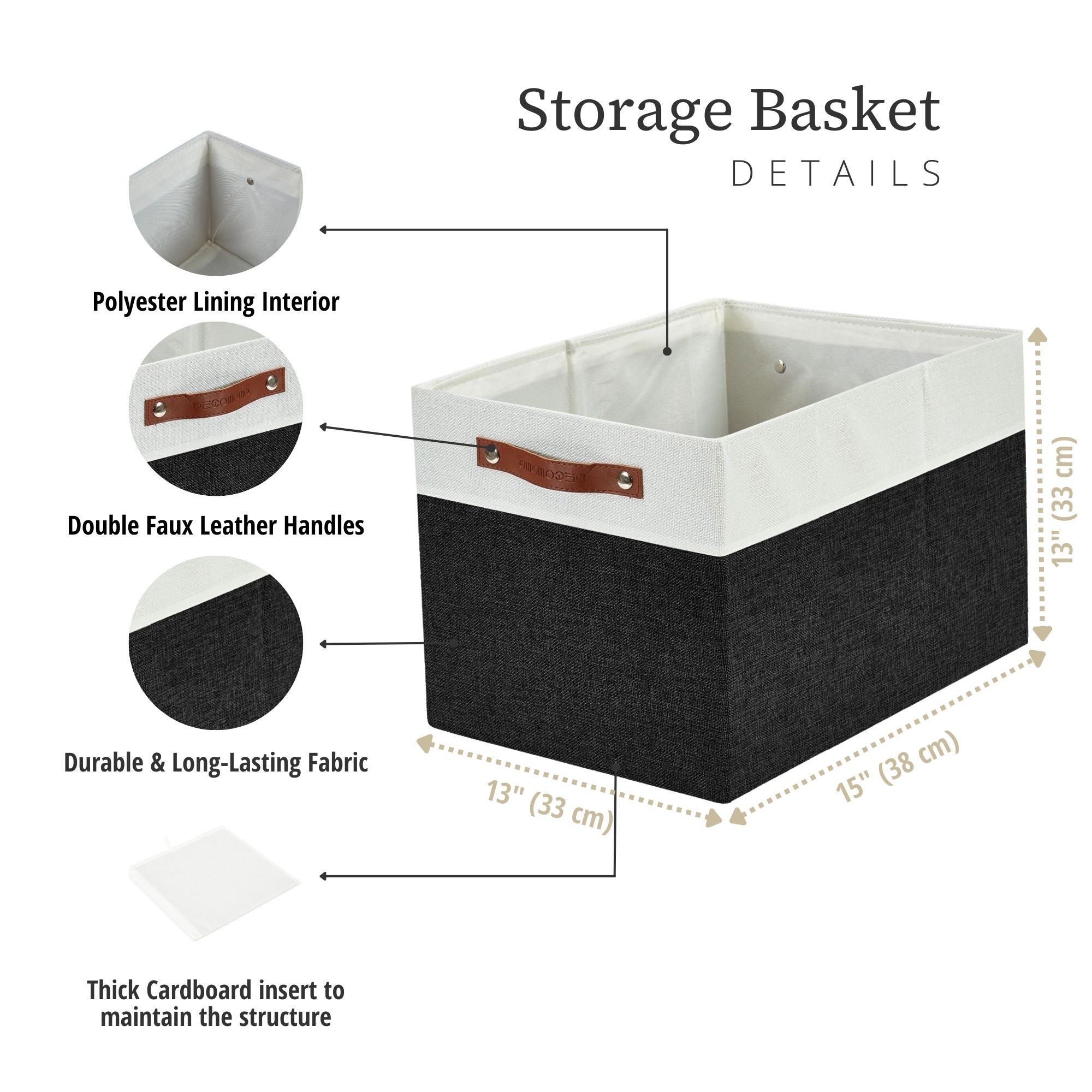 DECOMOMO Fabric Storage Baskets 13" x 15" x 13" Sturdy Collapsible Storage Bins, (Black and White, Set of 3)