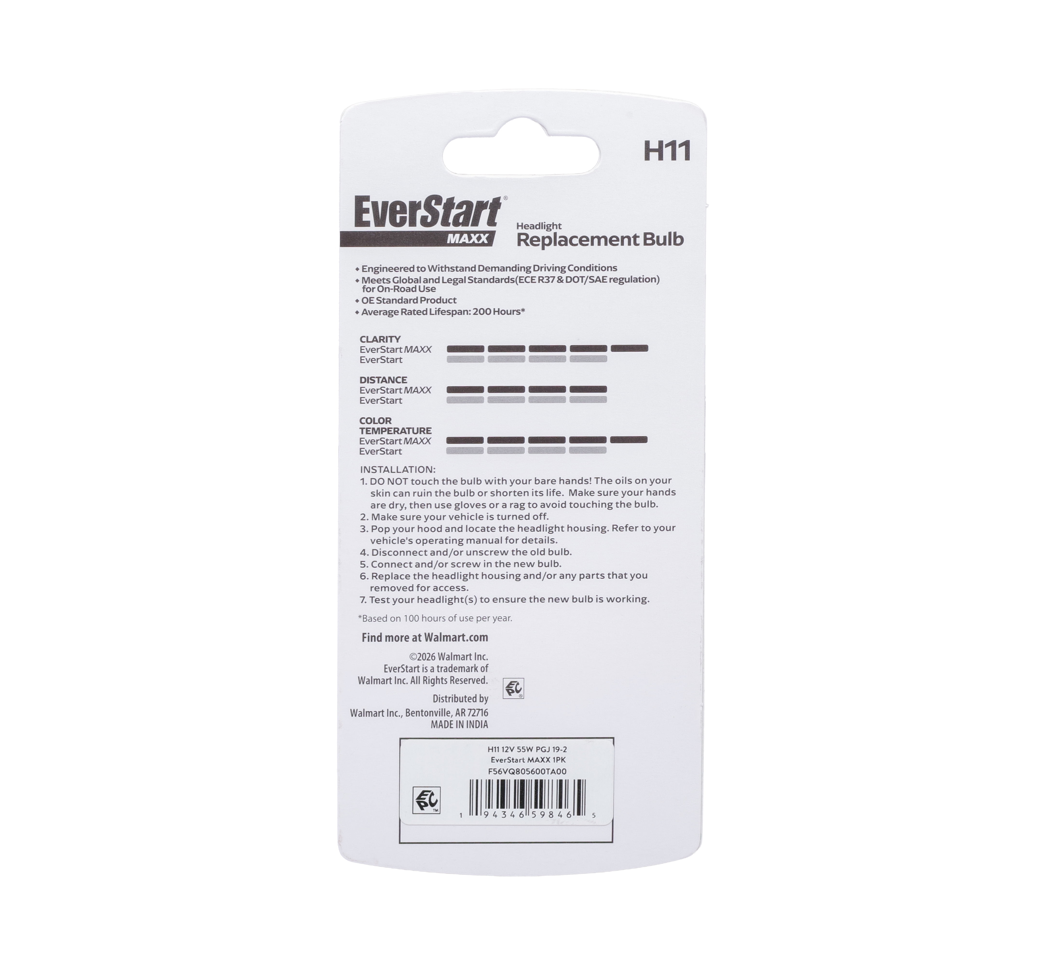 EverStart Maxx H11 Halogen Headlight Bulb, 1 Pack, Compatible with Multiple Cars