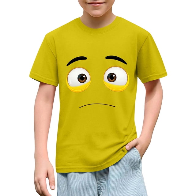 Blusas y camisas de manga corta con cuello redondo para niños y niñas, color liso, con estampado de expresión linda, manga corta, holgadas y cómodas, blusa para niña