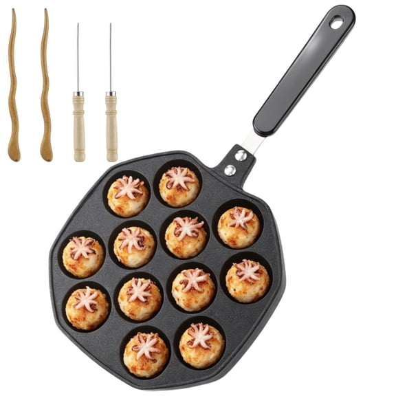 12-Hole Nonstick Takoyaki Pan with Ergonomic Handle, Aluminum Alloy Octopus Ball Grill, Includes Silicone Brush and Wooden Picks, Takoyaki Baking Tray for Pancake Balls