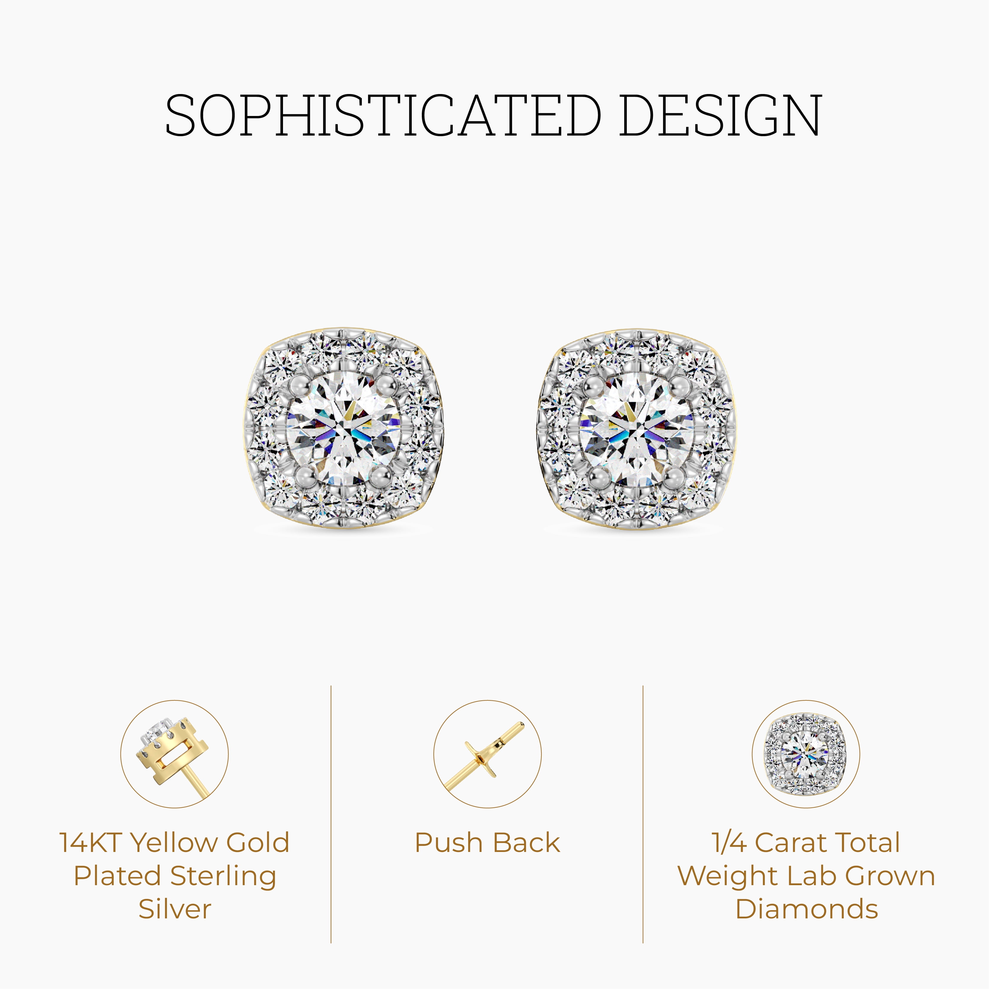 Gilded 1/4 Carat Total Weight Lab-Grown Diamond 14KT Yellow Gold Plated Silver Stud Earrings for Women, Cushion Halo Studs Hypoallergenic Fine Jewelry, Prong Setting Push Back Nut SI1 Clarity F Color