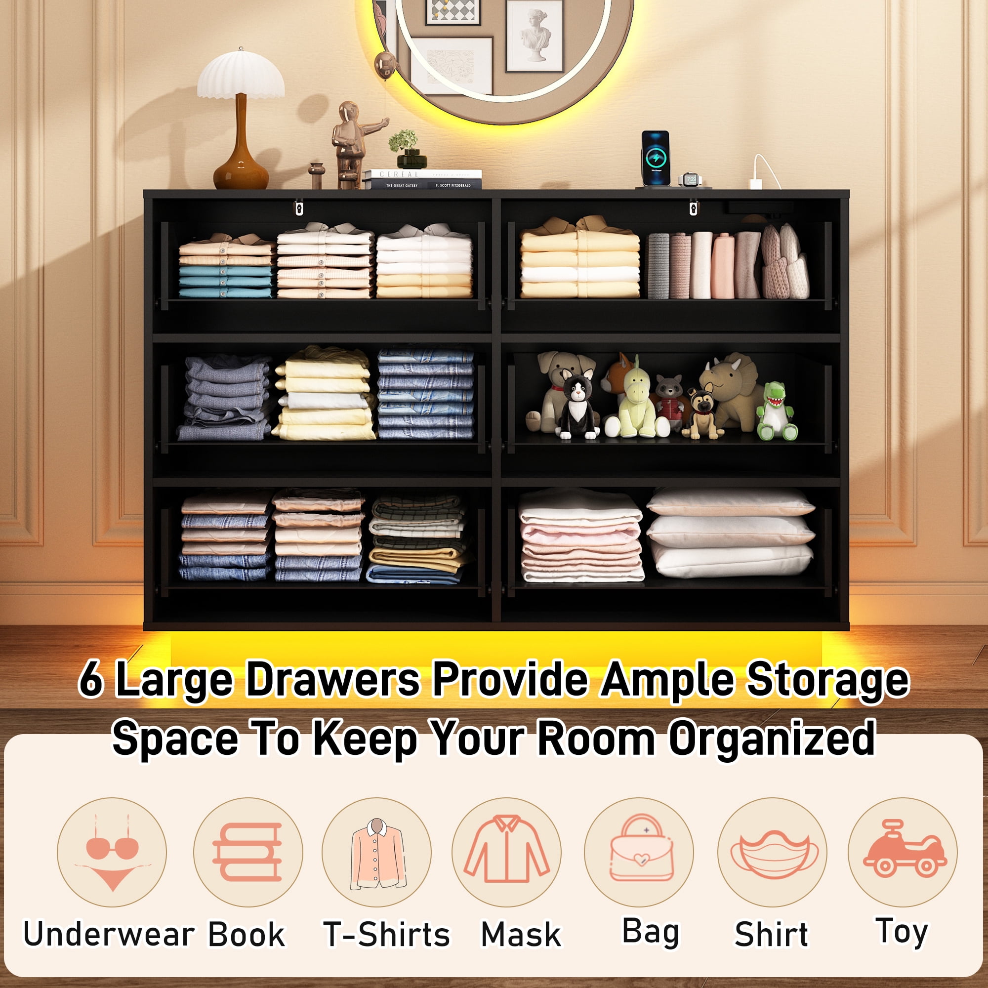 ChVans 6 Drawer Dressers with 60000-color LED Lights & Power Outlet, 47'' Modern Chest of Drawers for Closet, Wide Drawer Organizer Cabinet for Bedroom, Living Room, Entryway, Hallway