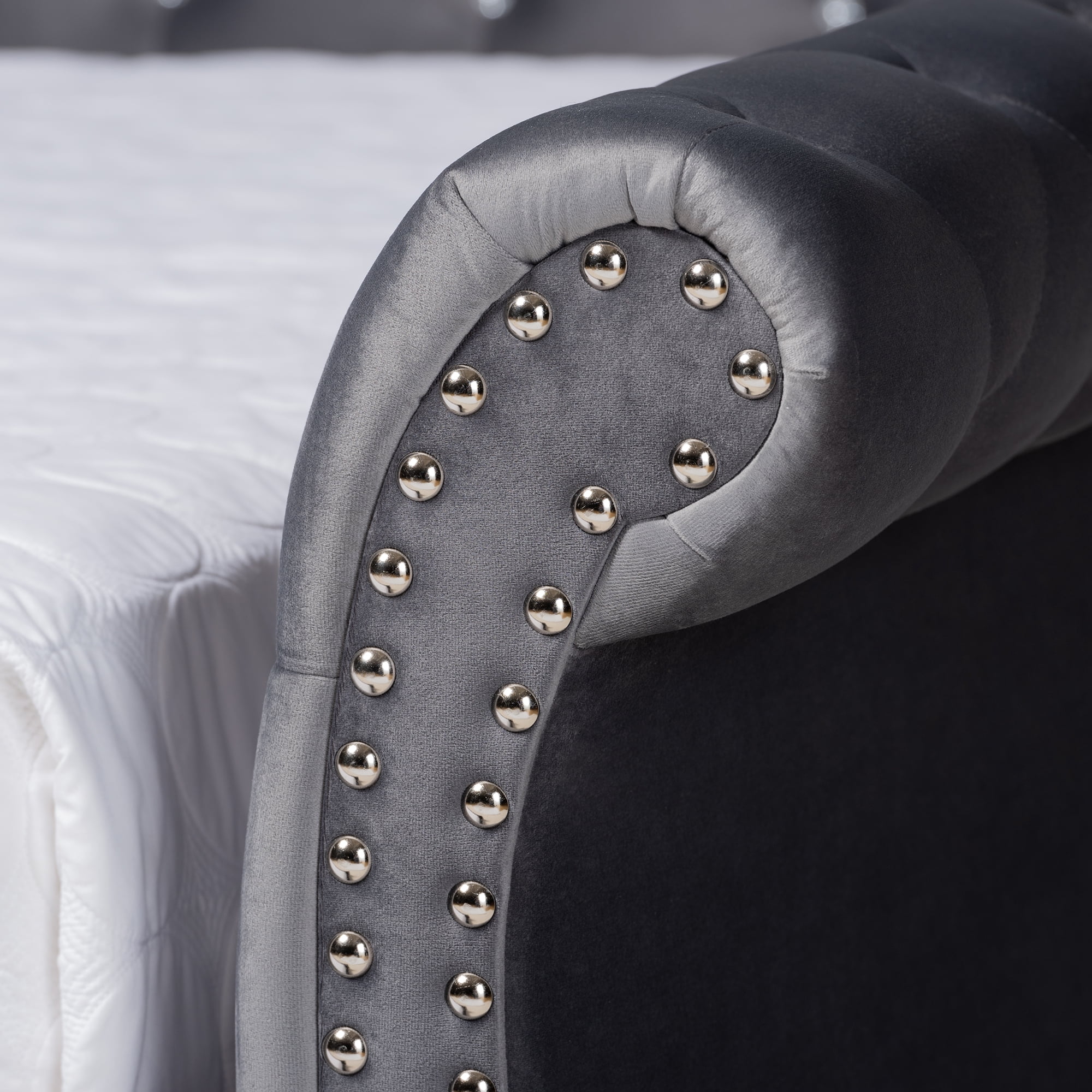 Baxton Studio Abbie Grey Velvet Upholstered and Crystal Tufted Queen Daybed with Trundle