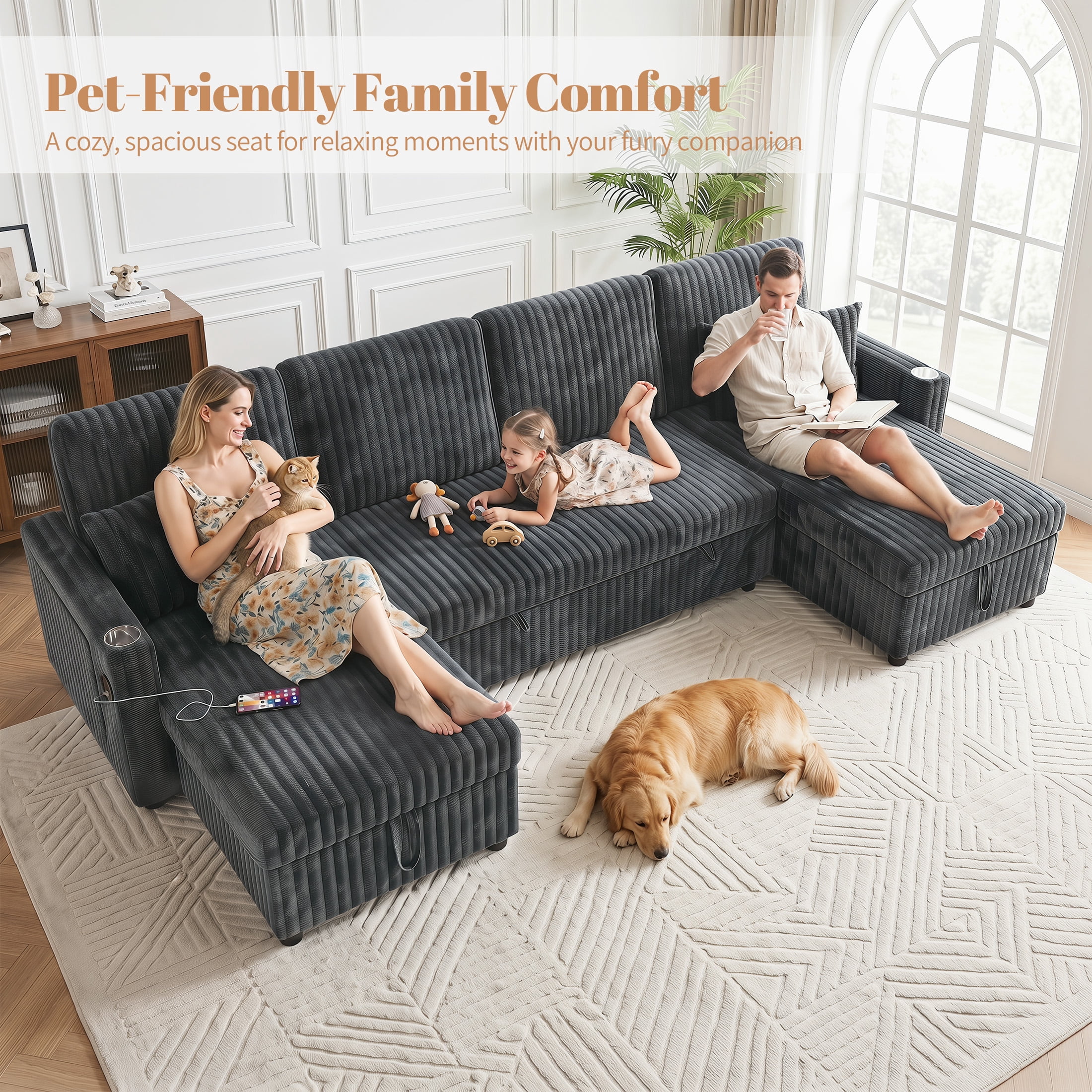 Aenkyo 110" U-Shaped Sleeper Sofa with Pull Out Bed, Storage Chaises and USB, Dark Gray