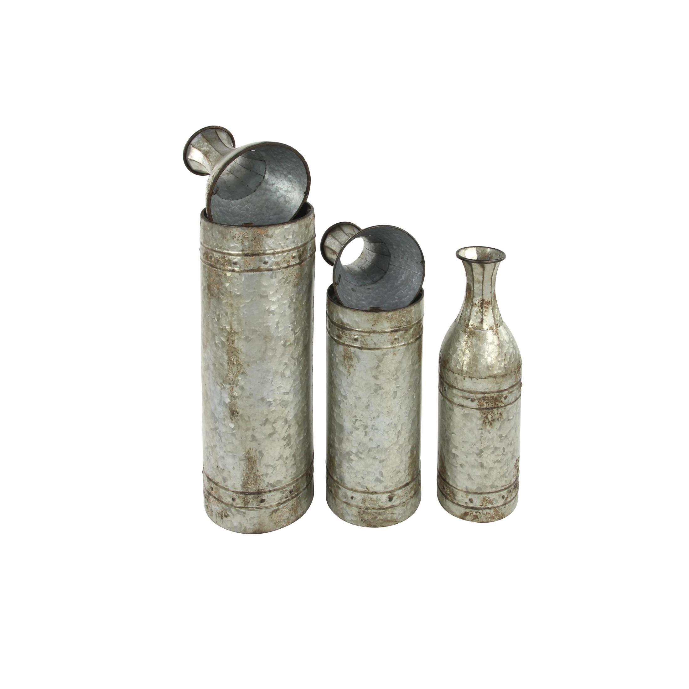 DecMode Farmhouse Cylinder Shape Extra Large Silver Distressed Metal Floor Vases, Set of 3, 43", 33", 25"H