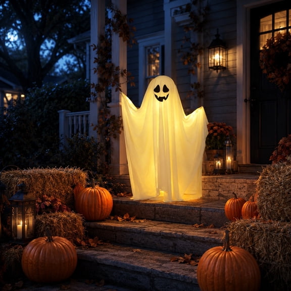 33.4 Inch Halloween Front Porch Glowing Standing Ghost, Light Up Yard Ghost Decoration, Life Size Standing Ghost Ornament, Outdoor Decor for Courtyard Halloween Party