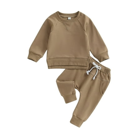 

REDARER Creative Cute Kids Clothes Toddler Baby Boys Girls Clothes Solid Color Long Sleeve Pullover Sweatshirt Pants Set 2Pcs Fall Winter Outfit Khaki 12-18 Months