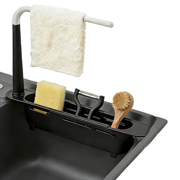 Upgraded Telescopic Sink Storage Rack, Adjustable Sink Drainer Sponge Soap Holder, Sink Organizer with Sponge Holder & Towel Bar for Kitchen