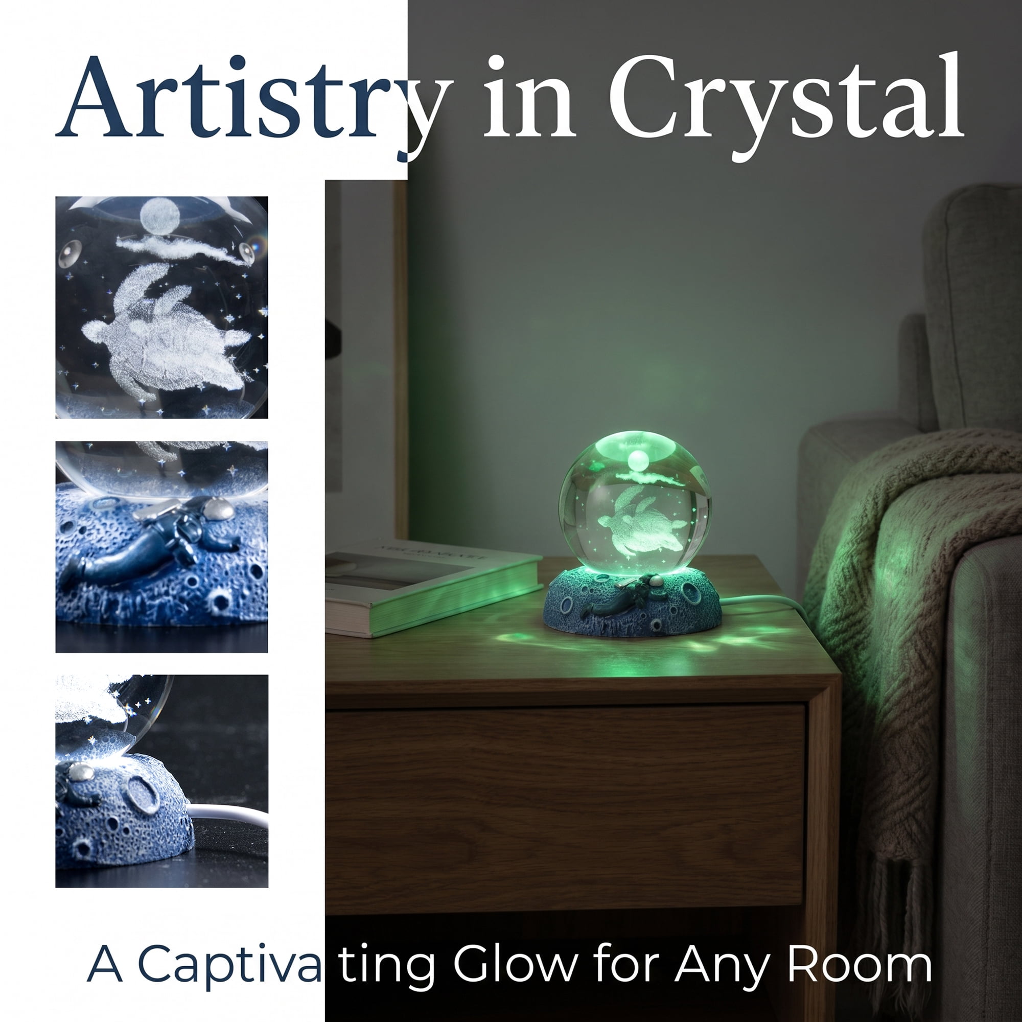 Unique Bargains Glowing Crystal Ball Figurine 3D Glass Ornament with LED Light Base Blue Style G 2.4"x2.4"x3.1"
