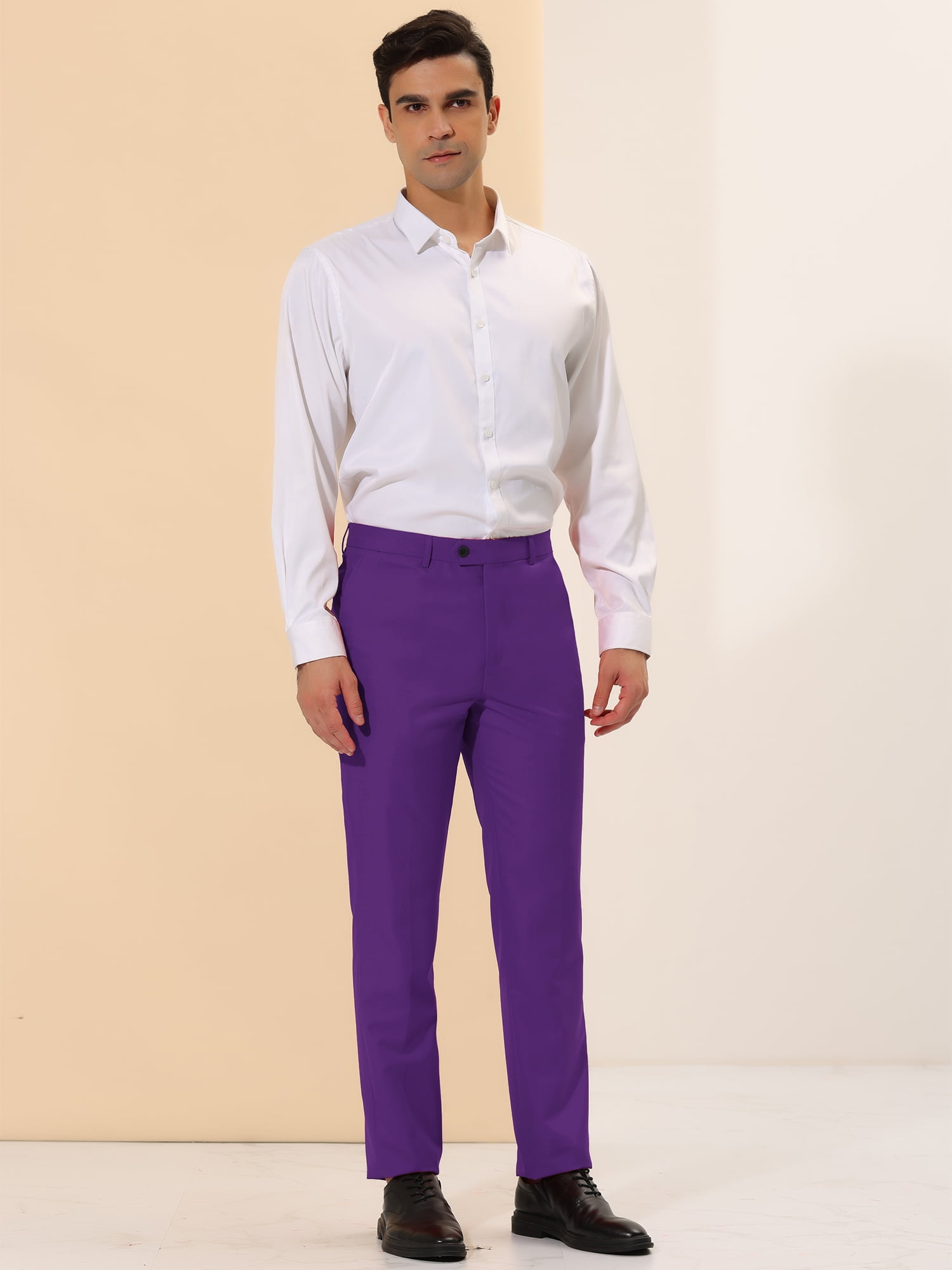 Unique Bargains Men's Dress Pants Slim Fit Flat Front Chino Business Wedding Suit Pants 28 Purple