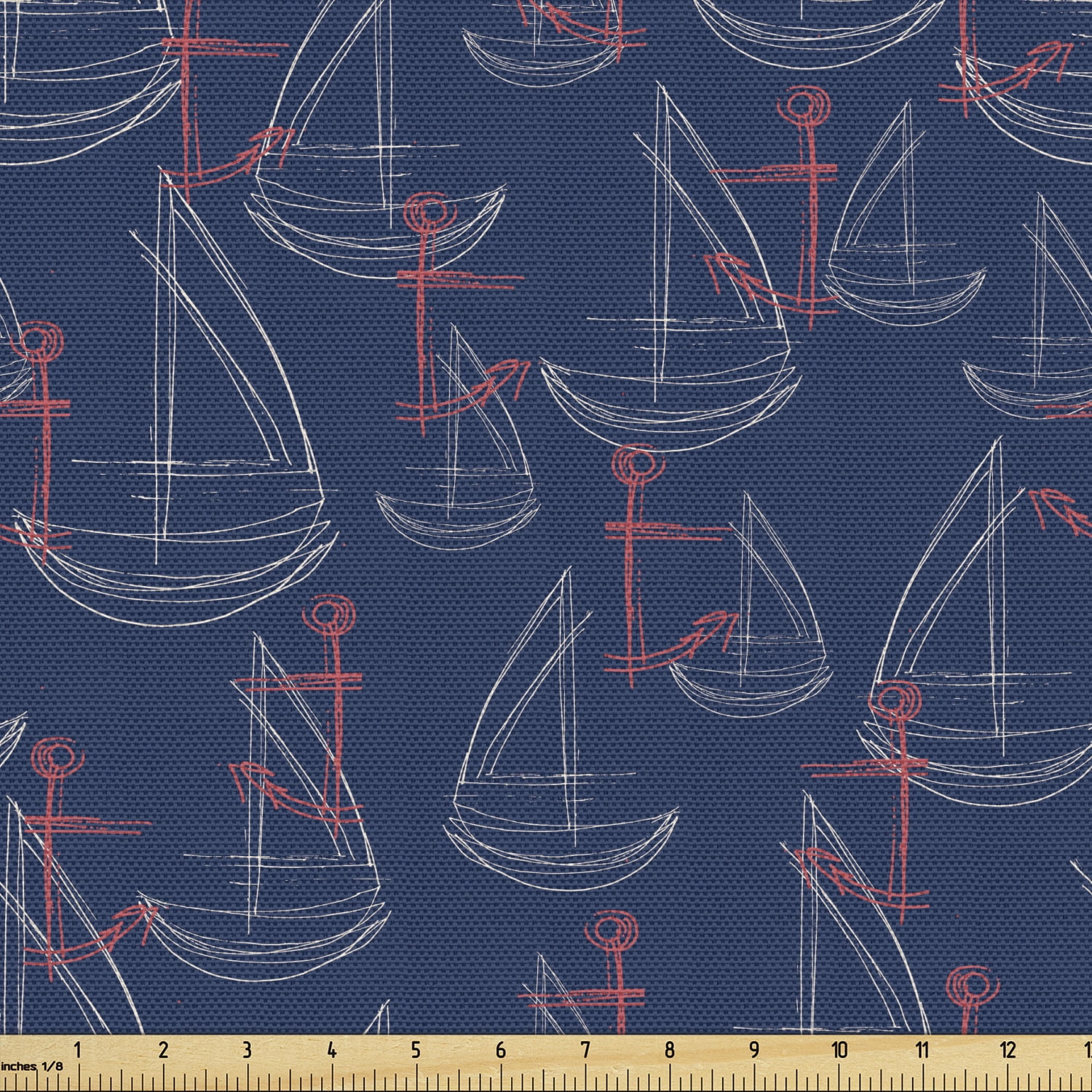 Nautical Sofa Upholstery Fabric by the Yard, Hand Drawn Sailing Sea