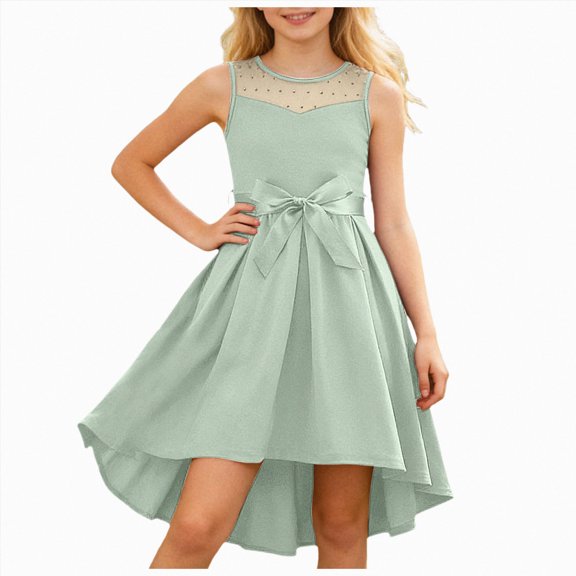 Larisalt Girls Mesh Summer Dress Sleeveless Crewneck Bow Tie Waist Asymmetric Bottom A-Line Dresses
